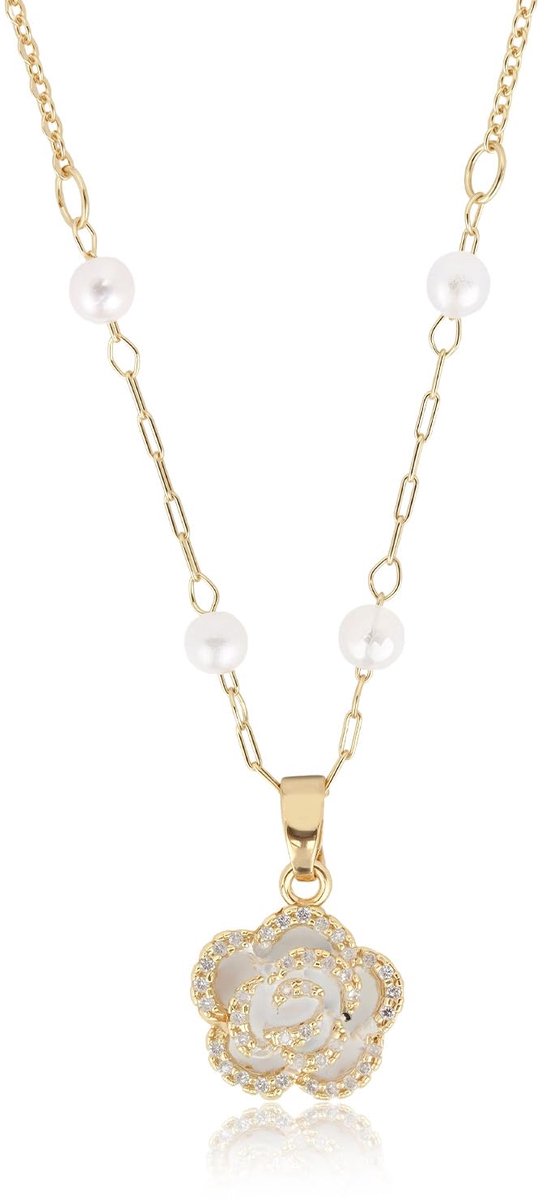 Parelketting met vergulde rozenbloesem, verstelbare lengte 40 + 5 cm, titanium staal verguld, elegant sieraad en cadeau