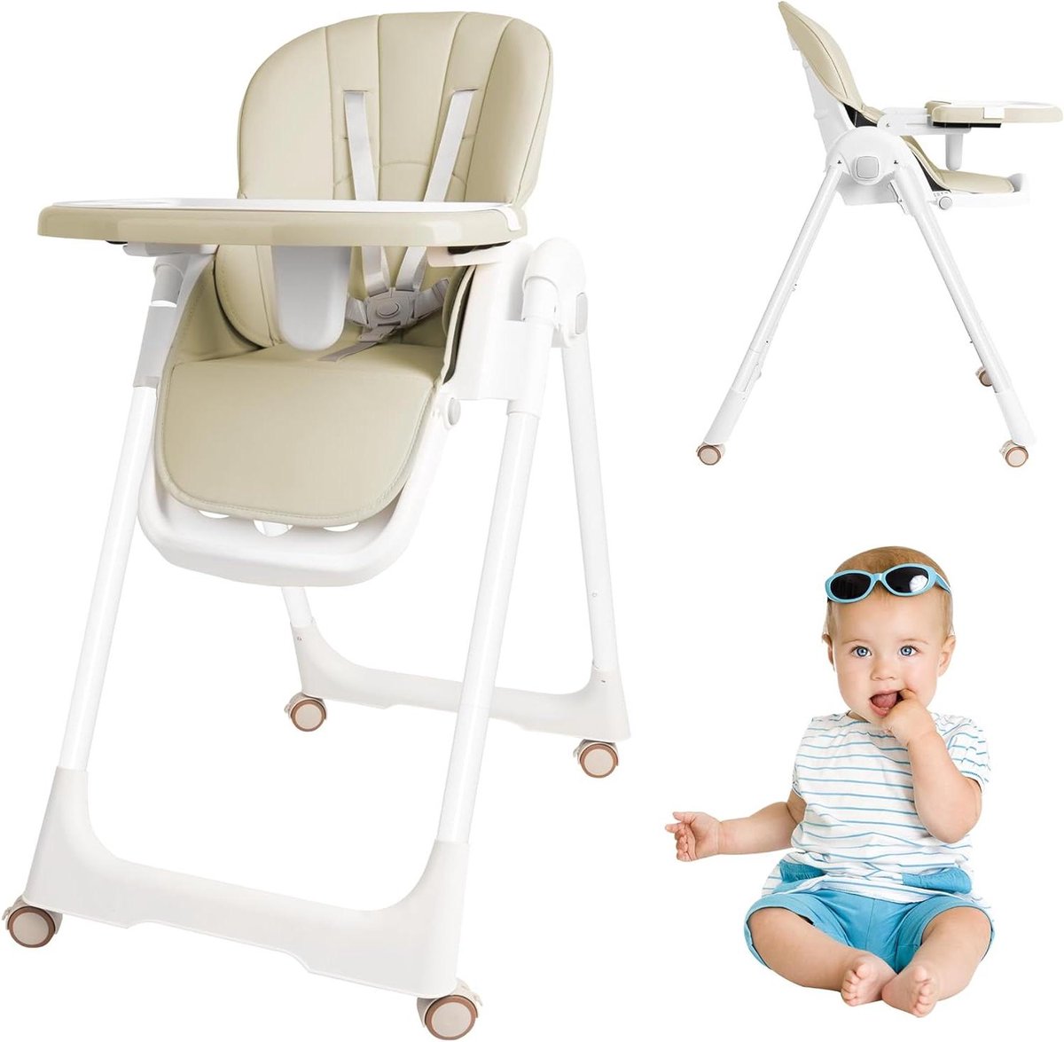 Opvouwbare Babystoel - Kinderstoel Verstelbaar - Samen Eten - Dubbellaags Dienblad - 77 x 51 x 103 cm - Beige