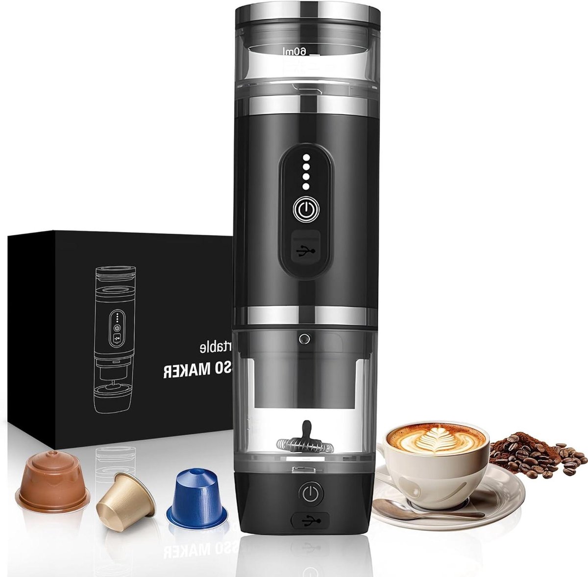 Draagbare Koffiezetter - Espresso Machine Reis - Koffie Maken Onderweg - Met Melkopschuimer - 60 ml - Zwart
