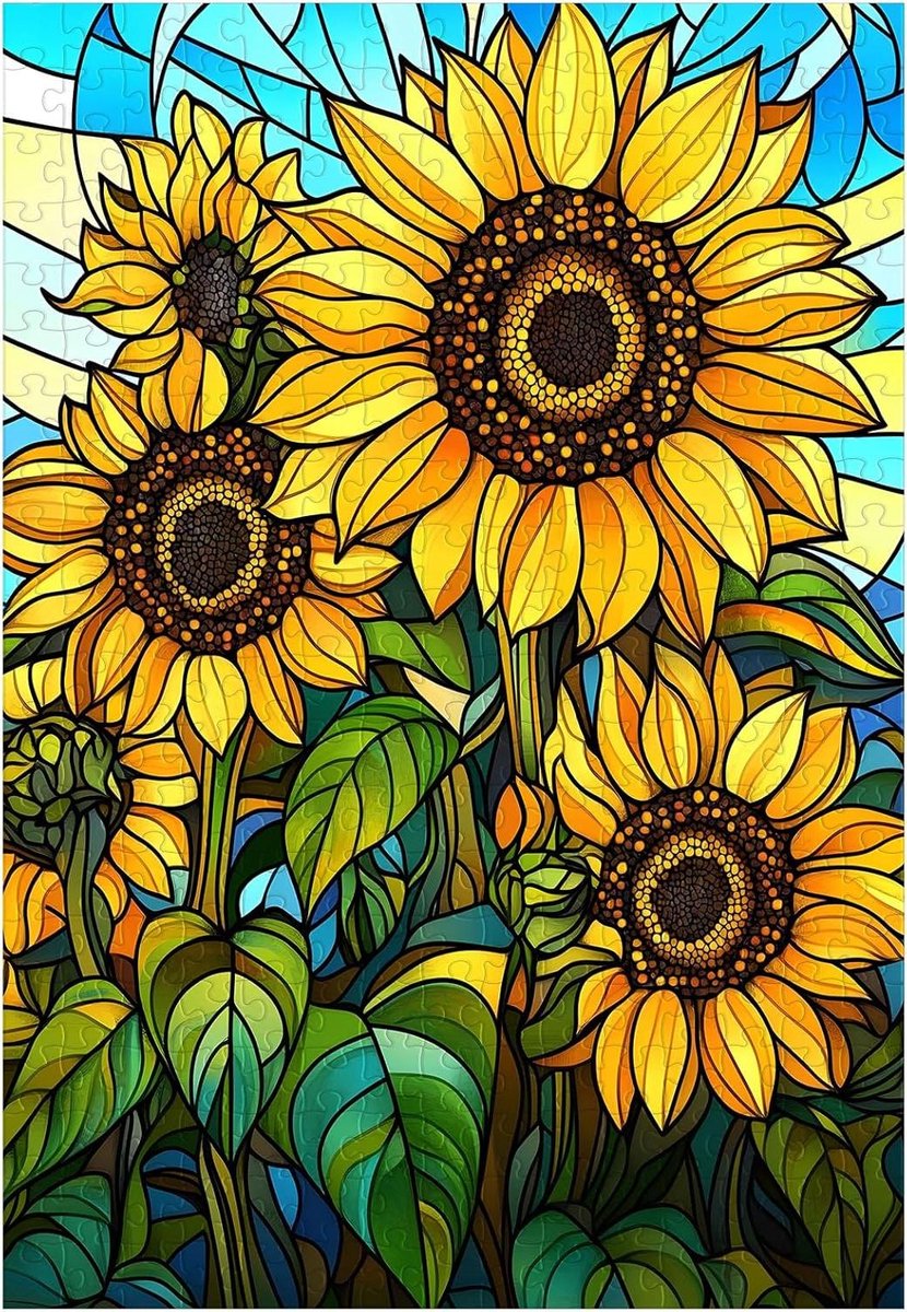 Legpuzzel Zonnebloemen - Glas-in-lood Puzzel - Ontspannen Tijdverdrijf - Hoge Kwaliteit Materiaal - 38 x 26 cm - Gebrandschilderd