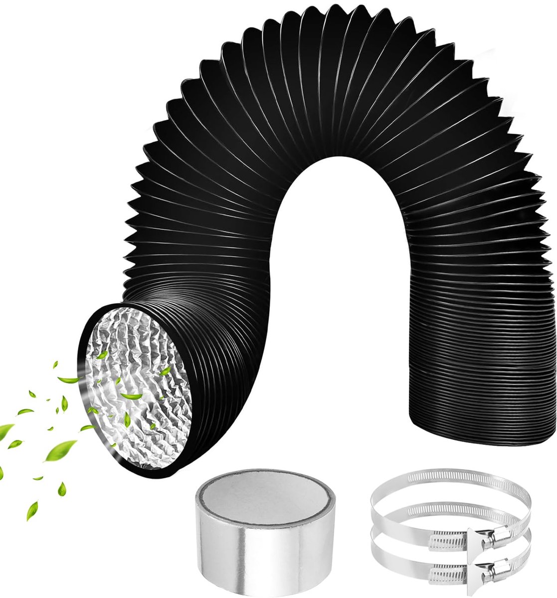Flexibele Aluminium Pijpslang Aluminium Aluflex Slang met 2 RVS Slangklemmen en Aluminiumfolie Tape voor Airconditioners Wasdroger Afzuigkap (Zwart)