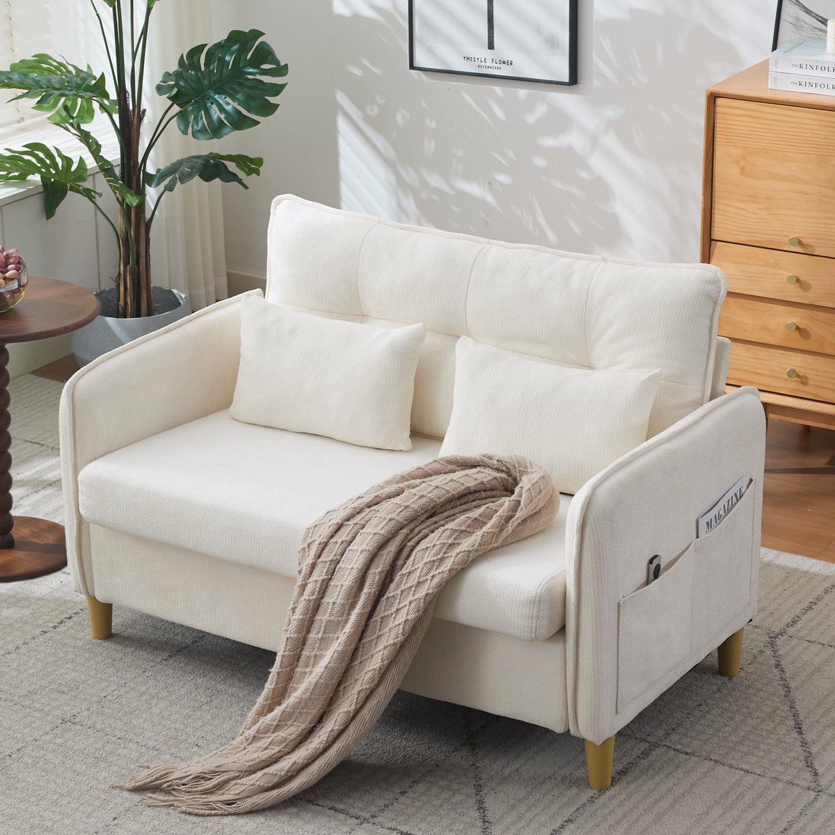 Zitbank 2-zits 127 cm - Zachte Chenille Met Armleuningen En Opbergvakken - Voor Woonkamer, Thuiskantoor En Studeerkamer - Beige