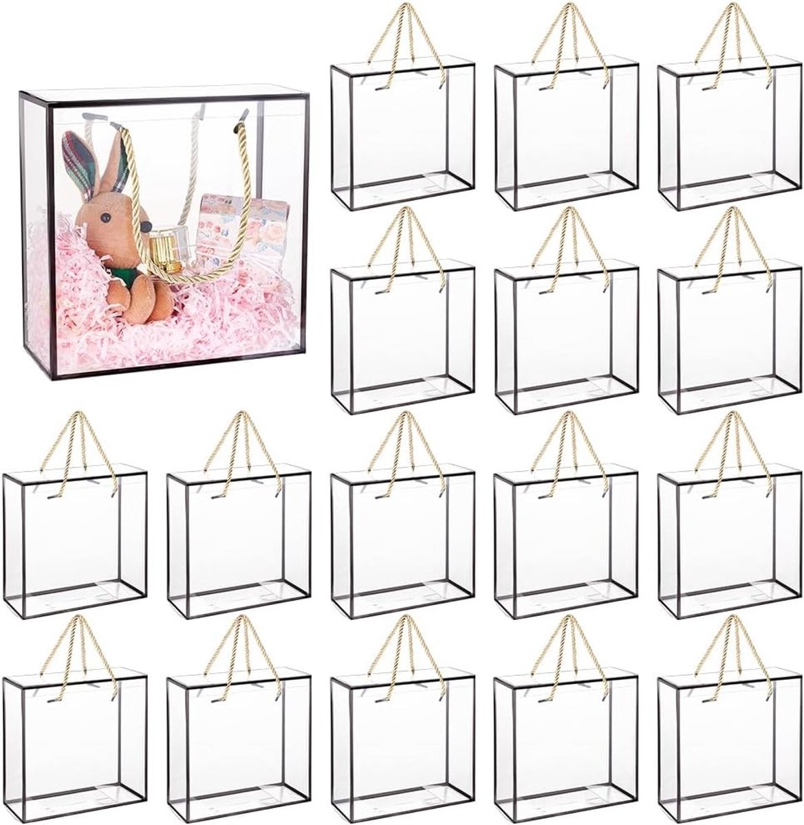 Transparante geschenkdozen 20 x 20 x 9 cm, duurzame PET-plastic feestdozen met zwarte rand voor bruiloften, verjaardagen en speciale gelegenheden - 20 stuks