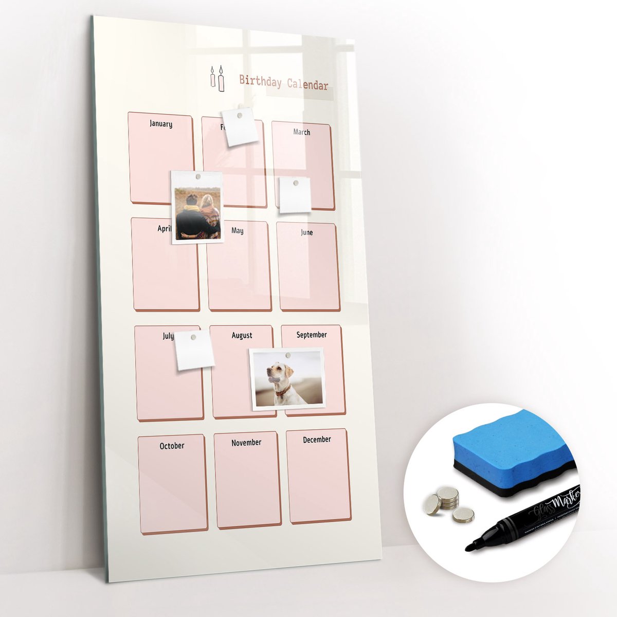 Tulup Whitebord - Verjaardagskalender - 60 x 120 cm - Roze Magneetborden voor vakantiemagneten - Gratis 5 Sterke Magneten + Whiteboard Marker & Wisser - Design Memobord - Memo Magneetbord - Productiviteit Tools