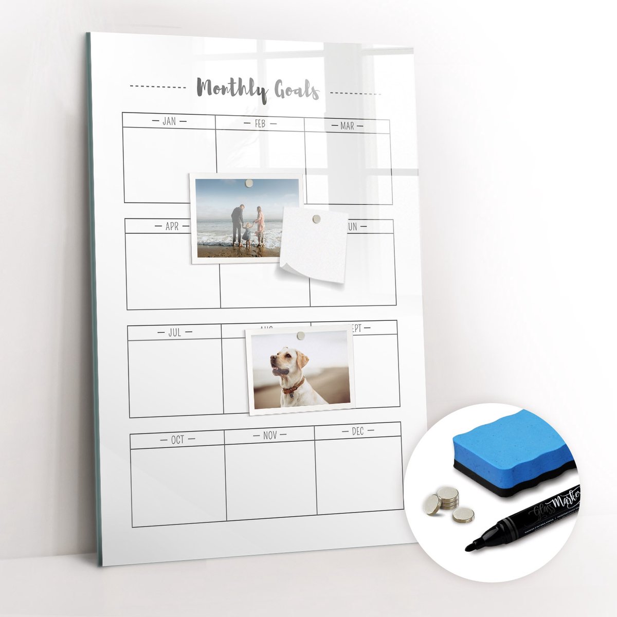 Tulup Whitebord - Maandelijkse hoofddoelen - 40 x 60 cm - Grijs Magnetisch Memobord - Gratis 5 Sterke Magneten + Whiteboard Marker & Wisser - Design Memobord - Foto Magneetbord - Ideeënbord Thuiswerkplek