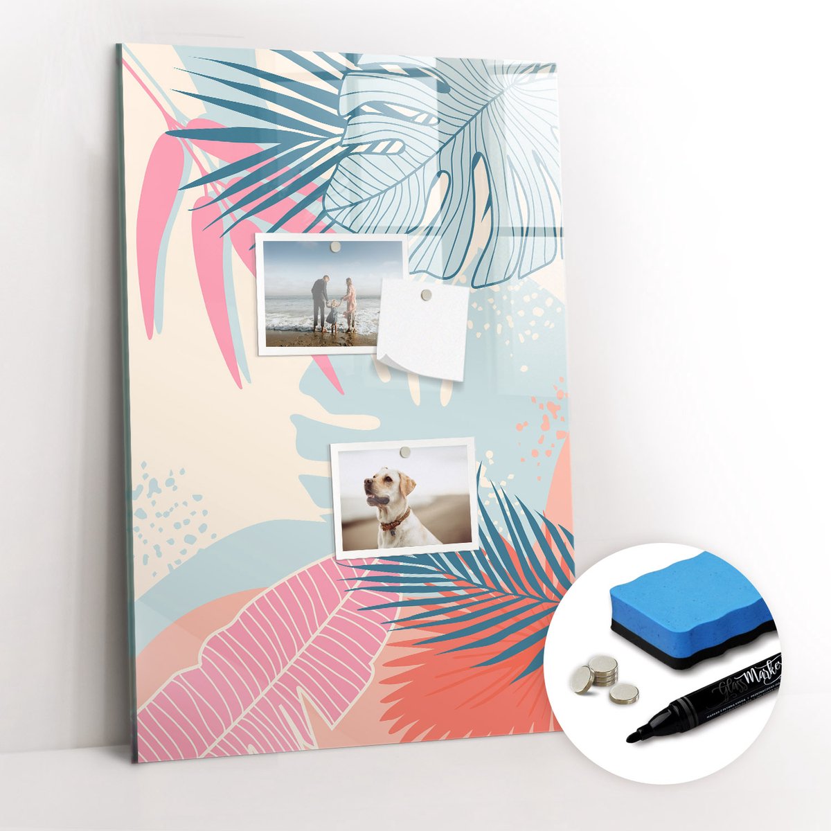 Tulup Whitebord - Pastelkleurige bladeren - 40 x 60 cm - Veelkleurig Magnet Board - Gratis 5 Sterke Magneten + Whiteboard Marker & Wisser - Industrieel Wandbord - Memobord Magnetisch - Ideeënbord Thuiswerkplek