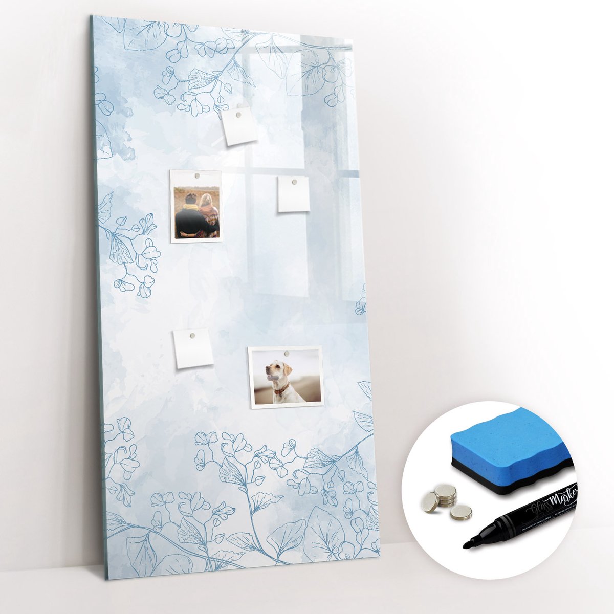 Tulup Whitebord - Schets van bloemen - 60 x 120 cm - Grijs Magnet Board - Gratis 5 Sterke Magneten + Whiteboard Marker & Wisser - Decoratief Magnetisch Bord - Memobord Keuken - Inspiratiebord Kantoor