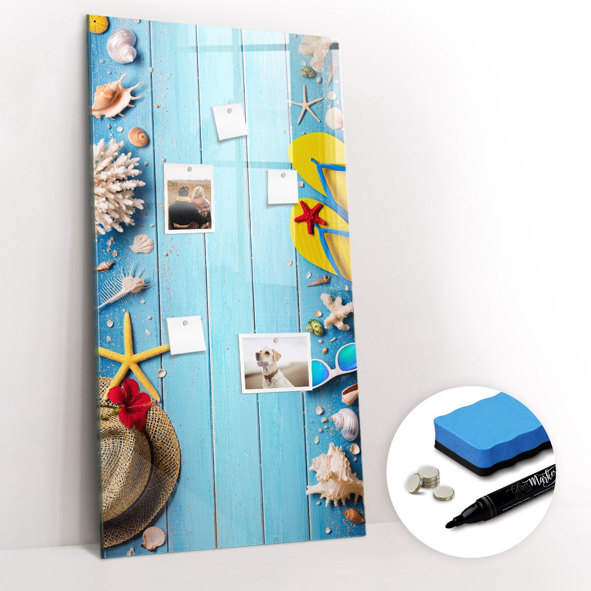 Tulup Whitebord - Strandset - 60 x 120 cm - Blauw Memobord Glas - Gratis 5 Sterke Magneten + Whiteboard Marker & Wisser - Minimalistisch Prikbord - Foto Magneetbord - Organiseer Je Bureau