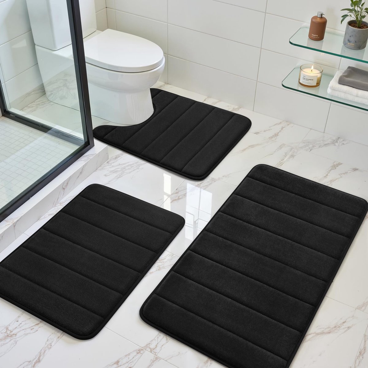 Zwarte Badkamer Tapijt Set 3 Stuk Antislip Extra Absorberende Shaggy Memory Foam Badkamer Matten en Tapijten Sets, Zachte & Droog Badmat Sets voor Badkamer Wasbare Tapijten Set