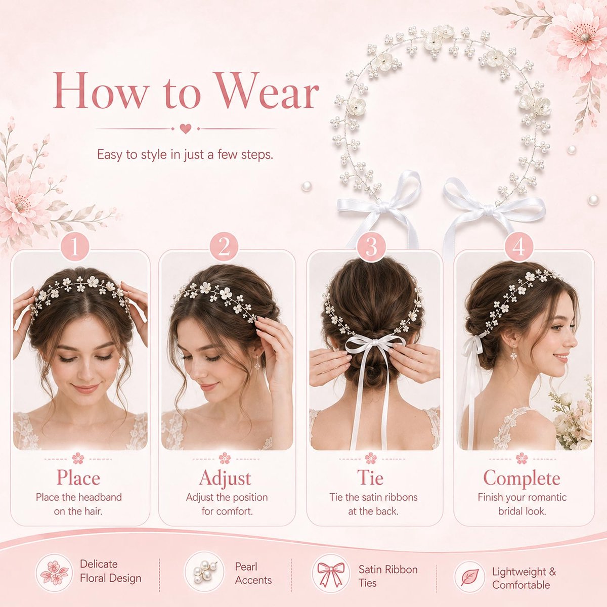 1 x haaraccessoire voor communie, meisjes, bloemenkrans voor kinderen, parelwitte haarband, bloemenhoofddeksel met lint, voor bruid, dames, fotografie, bruiloft, accessoire