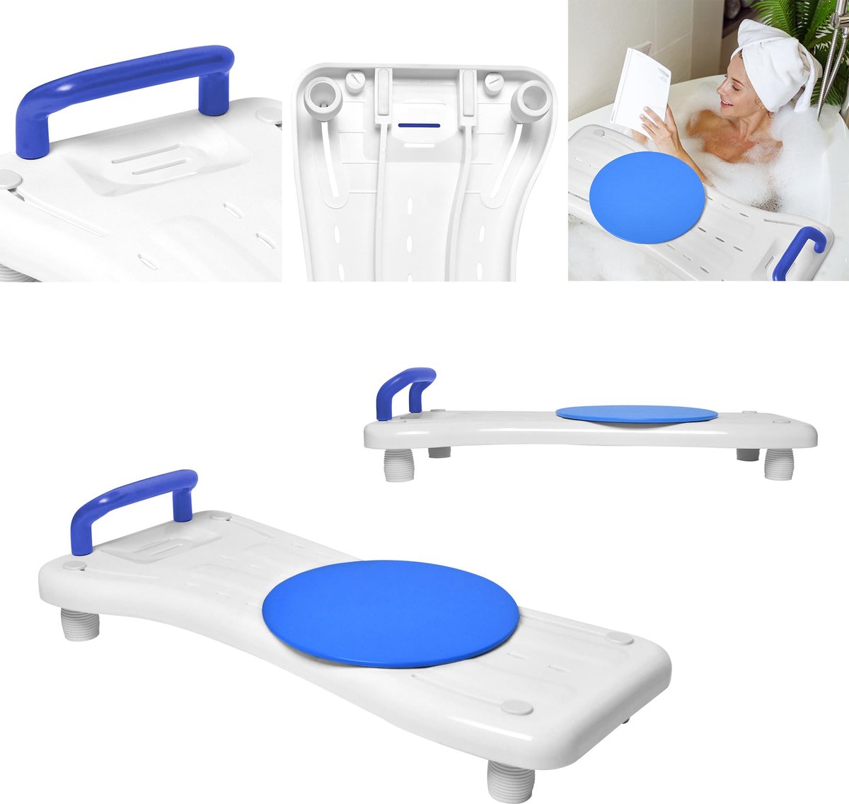 Badplank met draaischijf, verstelbare zitplank, kuipstoel voor senioren, met blauwe handgreep en zeepbakje, max. belasting 150 kg, voor badbreedtes van 41-63 cm