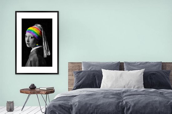 Fotolijst incl. Poster - Meisje met de parel - Regenboog - Vermeer - 80x120 cm - Posterlijst