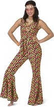 Funny Fashion - Hippie Kostuum - Fluor Flower Power Goes Disco - Vrouw - Geel, Roze - Maat 44-46 - Carnavalskleding - Verkleedkleding