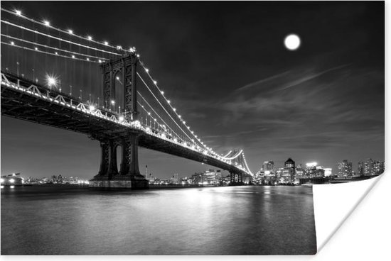 Poster New York - Brug - Manhattan - Zwart - Wit - 180x120 cm XXL