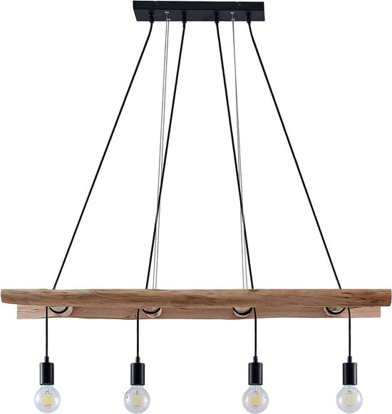 Lindby - hanglamp - 4 lichts - ijzer, hout - E27 - zwart, licht hout