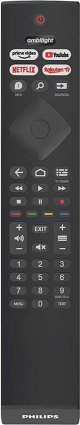 Zwarte Philips afstandsbediening met Ambilight knop, Netflix, Amazon Prime Video, Youtube en Rakuten TV knoppen.
