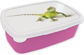 Broodtrommel Roze - Lunchbox - Brooddoos - Hagedis - Reptiel - Wit - 18x12x6 cm - Kinderen - Meisje