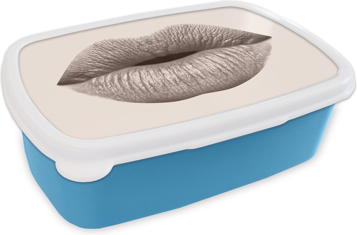 Broodtrommel Blauw - Lunchbox - Brooddoos - Lippen - Pastel - Grijs - 18x12x6 cm - Kinderen - Jongen