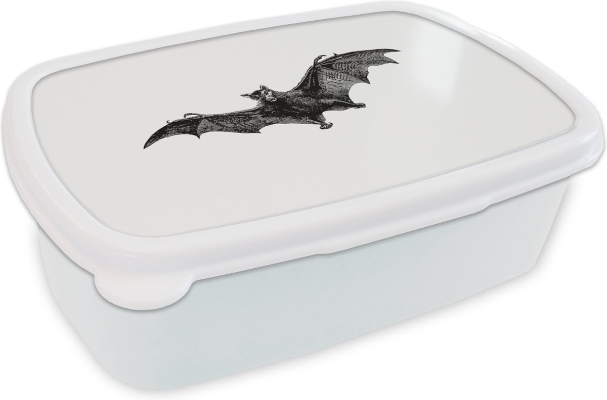 Broodtrommel Wit - Lunchbox - Brooddoos - Vintage - Vleermuis - Dieren - 18x12x6 cm - Volwassenen