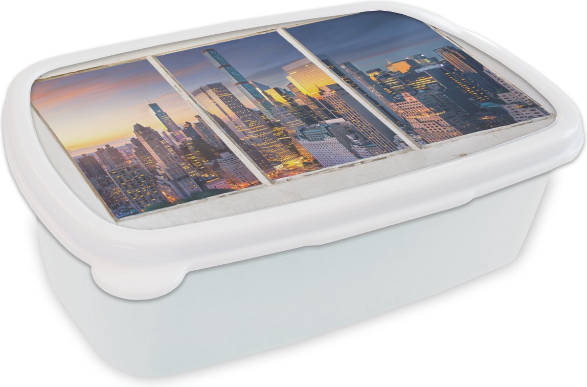 Broodtrommel Wit - Lunchbox - Brooddoos - New York - Doorkijk - Skyline - 18x12x6 cm - Volwassenen