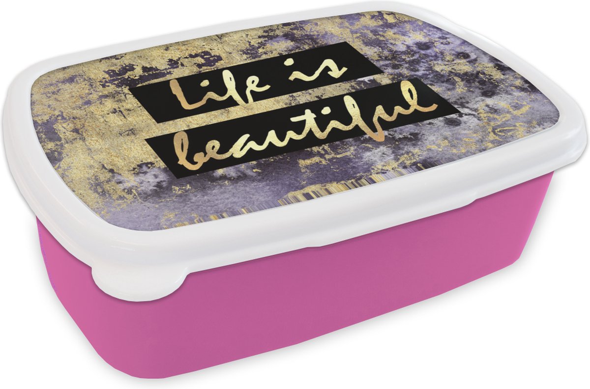 Broodtrommel Roze - Lunchbox - Brooddoos - Quotes - Leven - Goud - 18x12x6 cm - Kinderen - Meisje