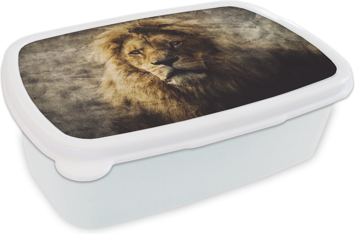 Broodtrommel Wit - Lunchbox - Brooddoos - Leeuw - Abstract - Kleuren - 18x12x6 cm - Volwassenen