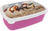 Broodtrommel Roze - Lunchbox Paarden - Dieren - Gras - Vacht - Brooddoos 18x12x6 cm - Brood lunch box - Broodtrommels voor kinderen en volwassenen