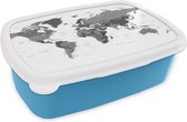 Broodtrommel Blauw - Lunchbox - Brooddoos - Mannelijke wereldkaart - zwart wit - 18x12x6 cm - Kinderen - Jongen
