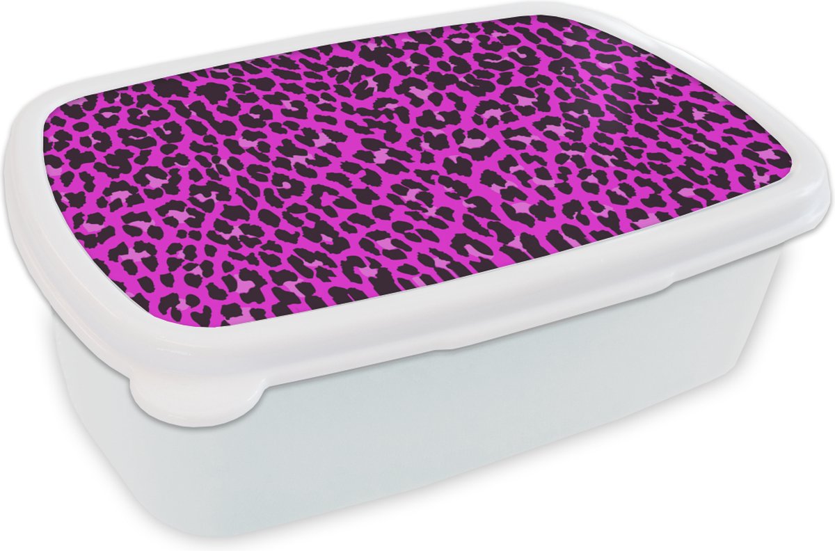 Broodtrommel Wit - Lunchbox - Brooddoos - Luipaard - Roze - Dieren - 18x12x6 cm - Volwassenen