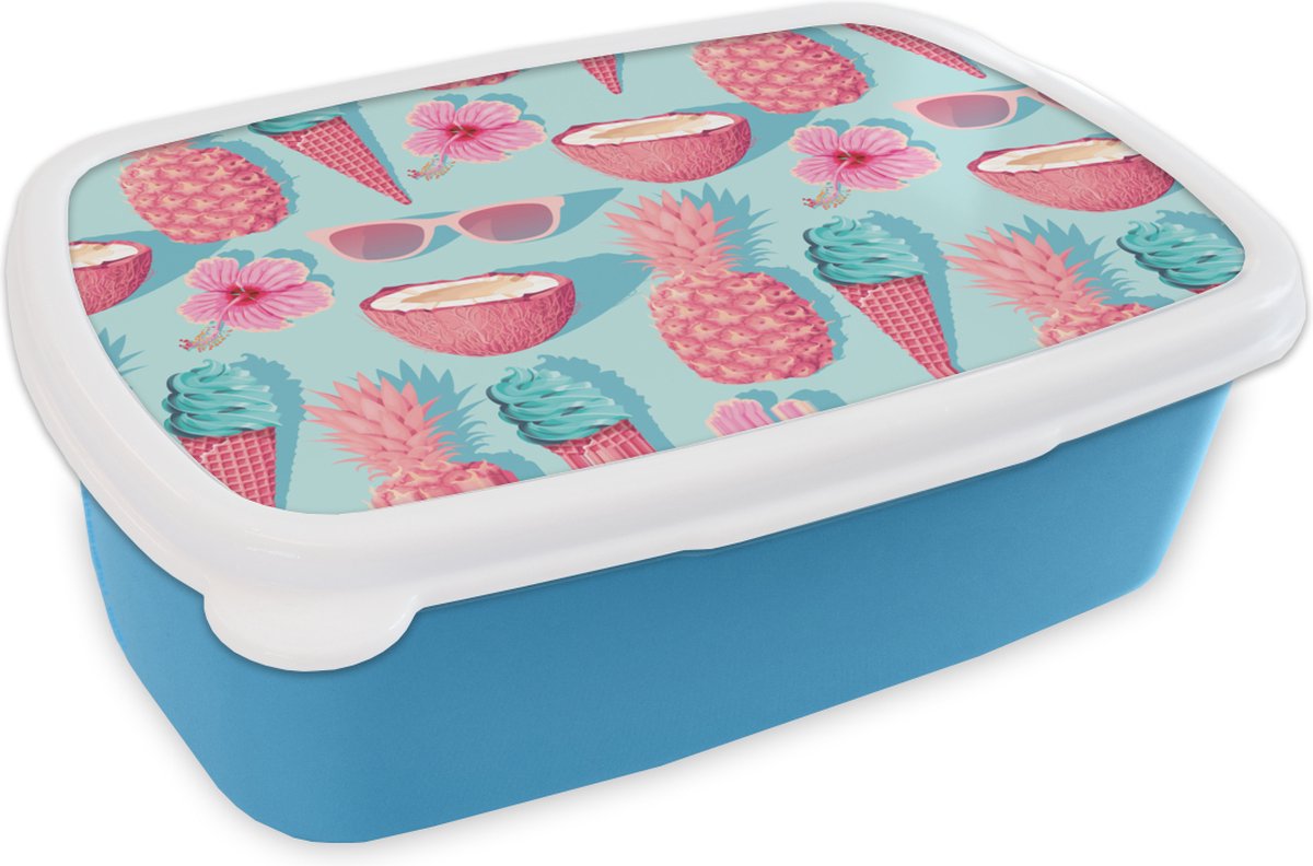 Broodtrommel Blauw - Lunchbox - Brooddoos - Zomer - Ananas - Bloemen - Zonnebrillen - 18x12x6 cm - Kinderen - Jongen