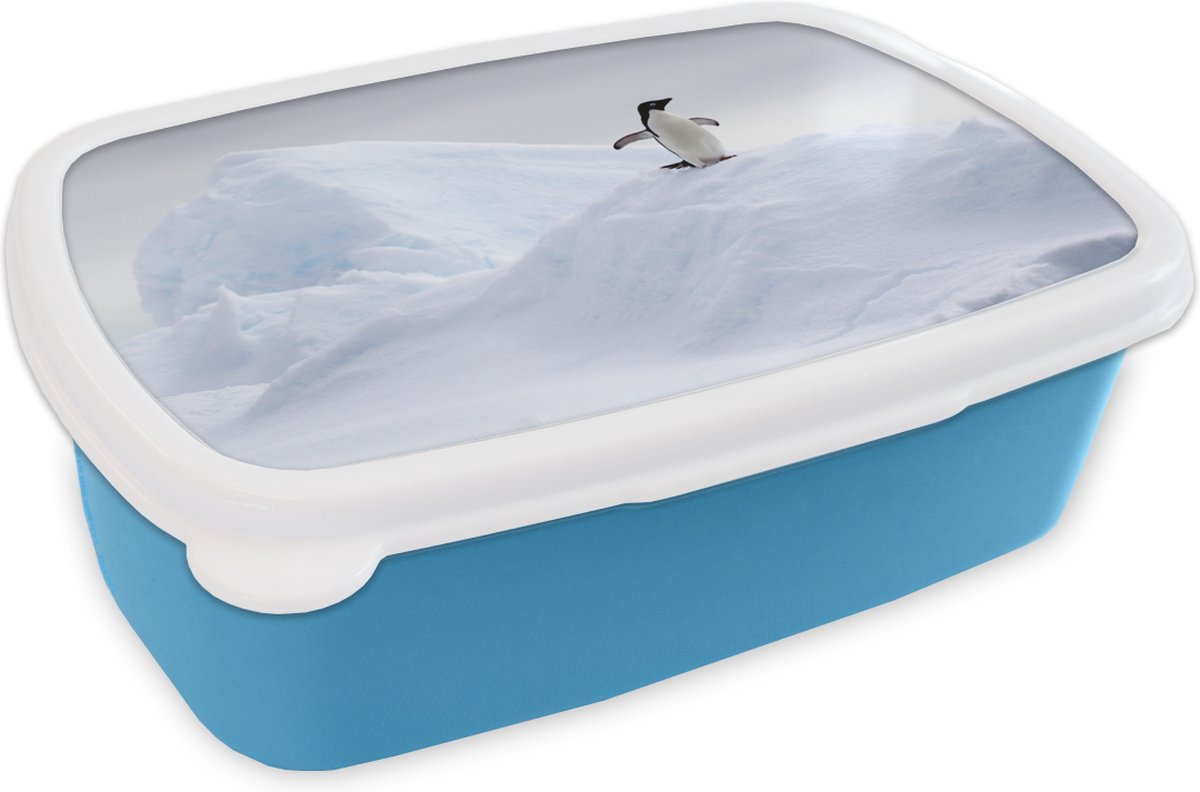 Broodtrommel Blauw - Lunchbox - Brooddoos - Pinguïn - IJs - Winter - 18x12x6 cm - Kinderen - Jongen