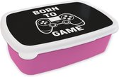 Broodtrommel Roze - Lunchbox Gamen - Quotes - Controller - Born to game - Zwart - Wit - Brooddoos 18x12x6 cm - Brood lunch box - Broodtrommels voor kinderen en volwassenen