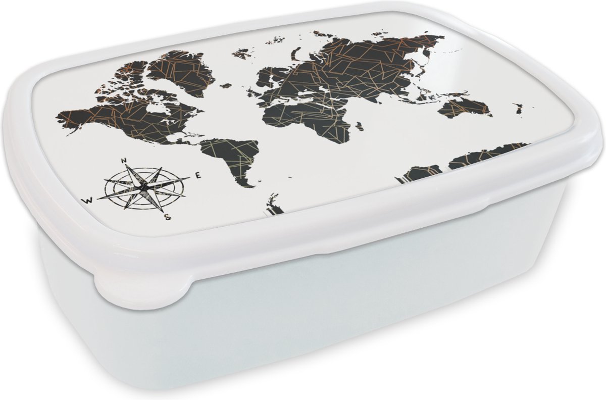 Broodtrommel Wit - Lunchbox - Brooddoos - Wereldkaart - Zwart - Wit - Koper - 18x12x6 cm - Volwassenen