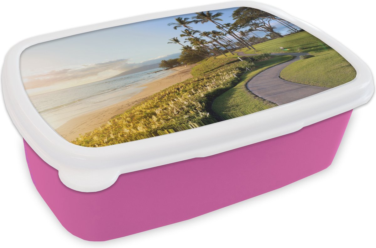 Broodtrommel Roze - Lunchbox - Brooddoos - Strand - Pad - Palmbomen - 18x12x6 cm - Kinderen - Meisje