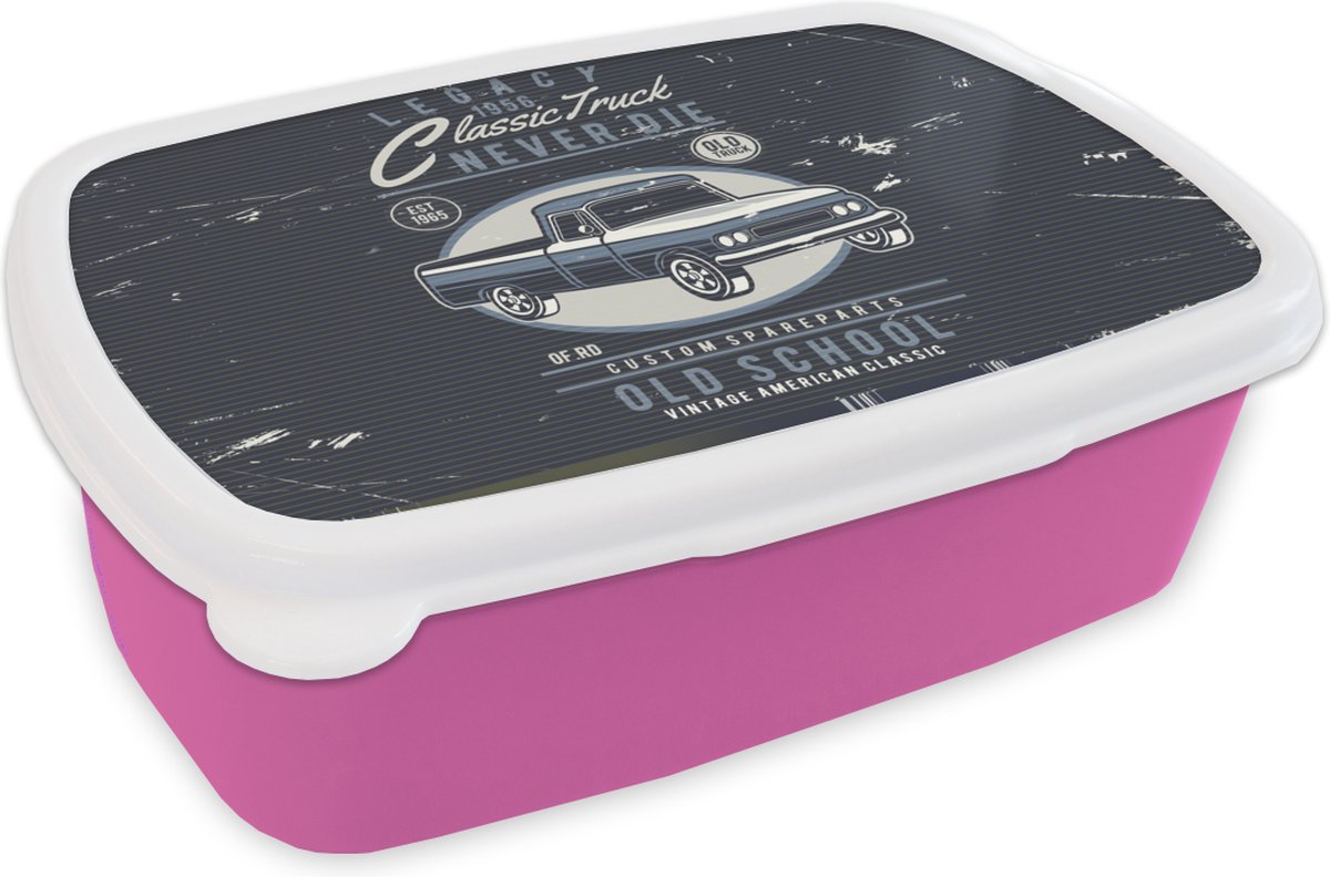 Broodtrommel Roze - Lunchbox - Brooddoos - Auto - Vintage - Tekening - 18x12x6 cm - Kinderen - Meisje