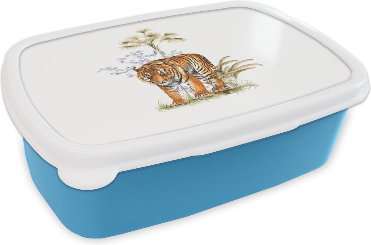 Broodtrommel Blauw - Lunchbox - Brooddoos - Tijger - Plant - Wit - 18x12x6 cm - Kinderen - Jongen