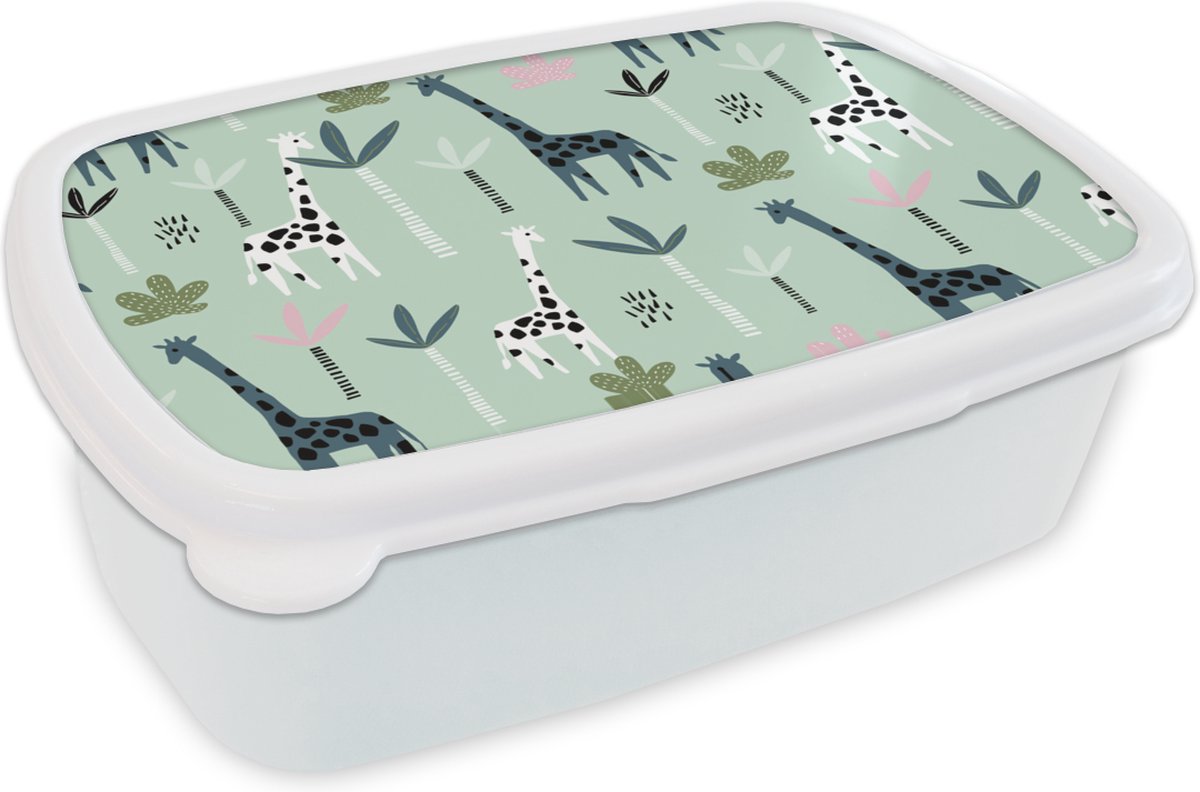 Broodtrommel Wit - Lunchbox - Brooddoos - Giraffe - Boom - Groen - 18x12x6 cm - Volwassenen