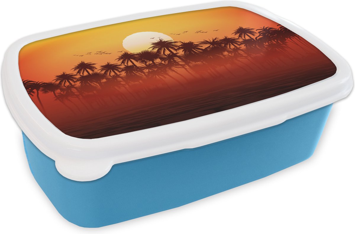 Broodtrommel Blauw - Lunchbox - Brooddoos - Palmboom - Zon - Vogel - 18x12x6 cm - Kinderen - Jongen