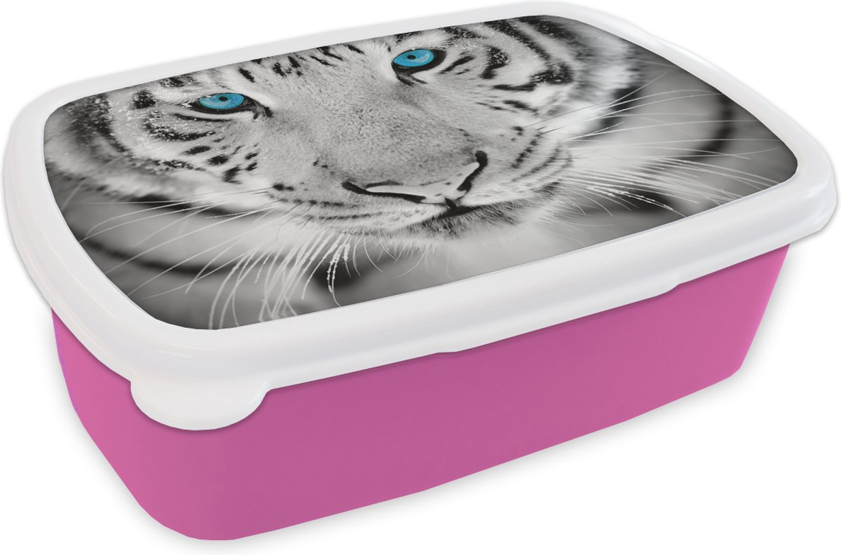 Broodtrommel Roze - Lunchbox - Brooddoos - Tijger - Kop - Neus - 18x12x6 cm - Kinderen - Meisje