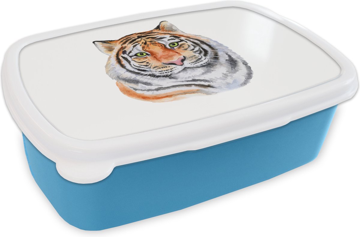 Broodtrommel Blauw - Lunchbox - Brooddoos - Tijger - Ogen - Wit - 18x12x6 cm - Kinderen - Jongen