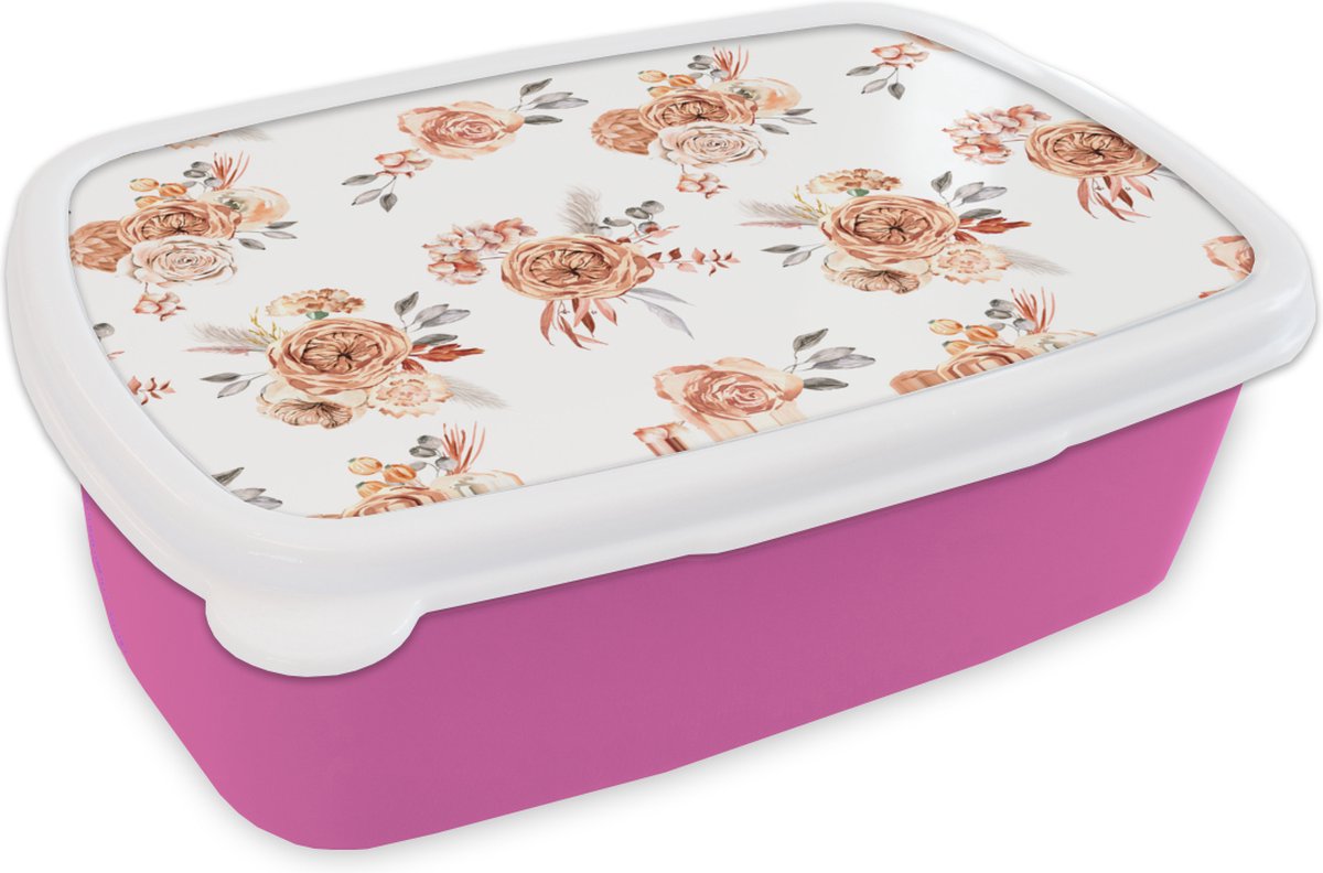 Broodtrommel Roze - Lunchbox - Brooddoos - Rozen - Bohemian - Bruin - 18x12x6 cm - Kinderen - Meisje