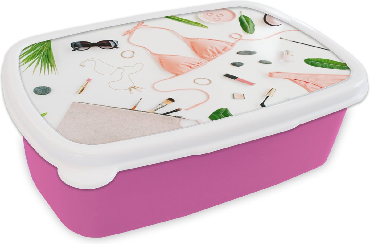 Broodtrommel Roze - Lunchbox - Brooddoos - Bikini - Roze - Ketting - 18x12x6 cm - Kinderen - Meisje
