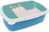 Broodtrommel Blauw - Lunchbox - Brooddoos - Lama - Wol - Bloemen - 18x12x6 cm - Kinderen - Jongen