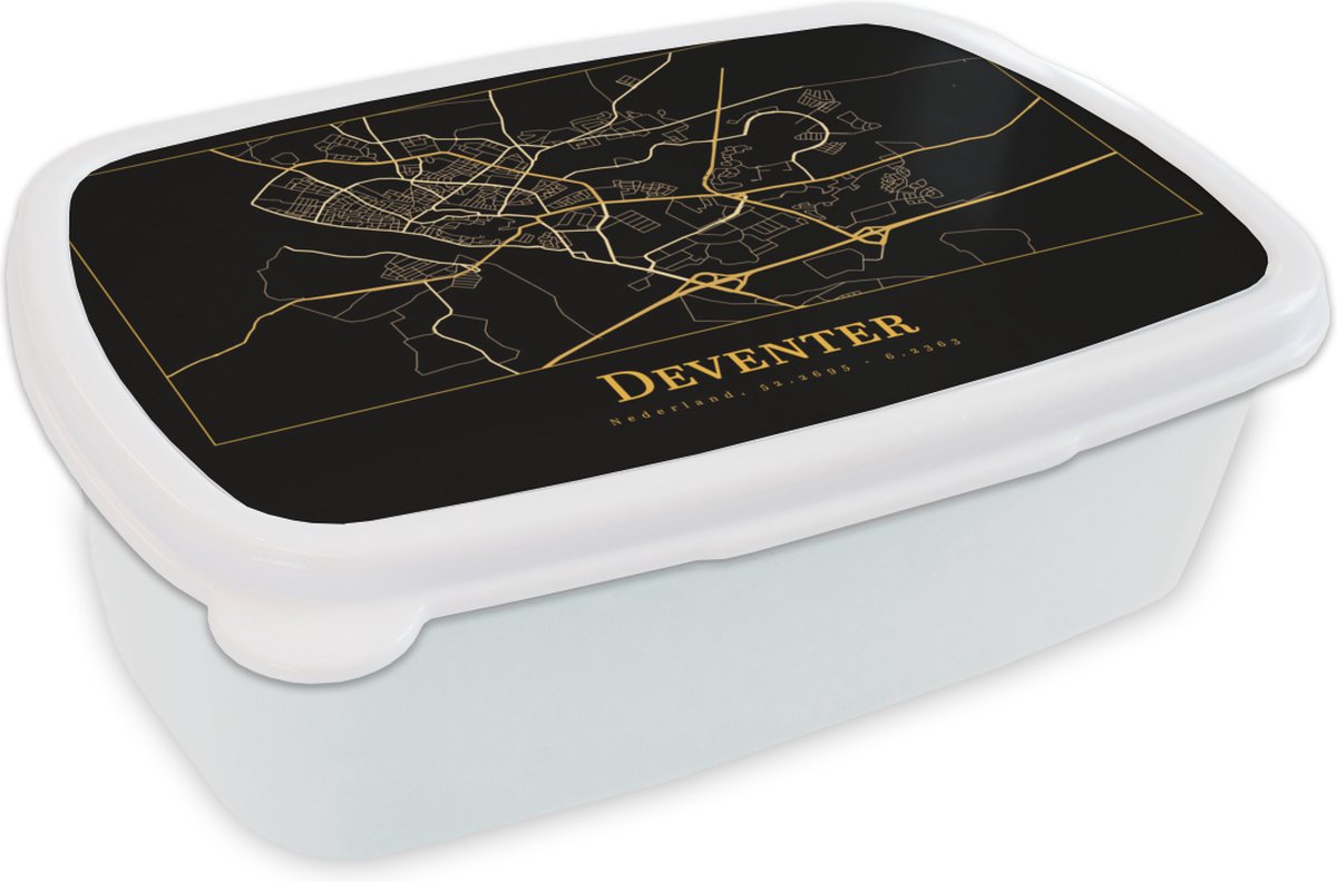 Broodtrommel Wit - Lunchbox - Brooddoos - Kaart - Deventer - Goud - Zwart - 18x12x6 cm - Volwassenen