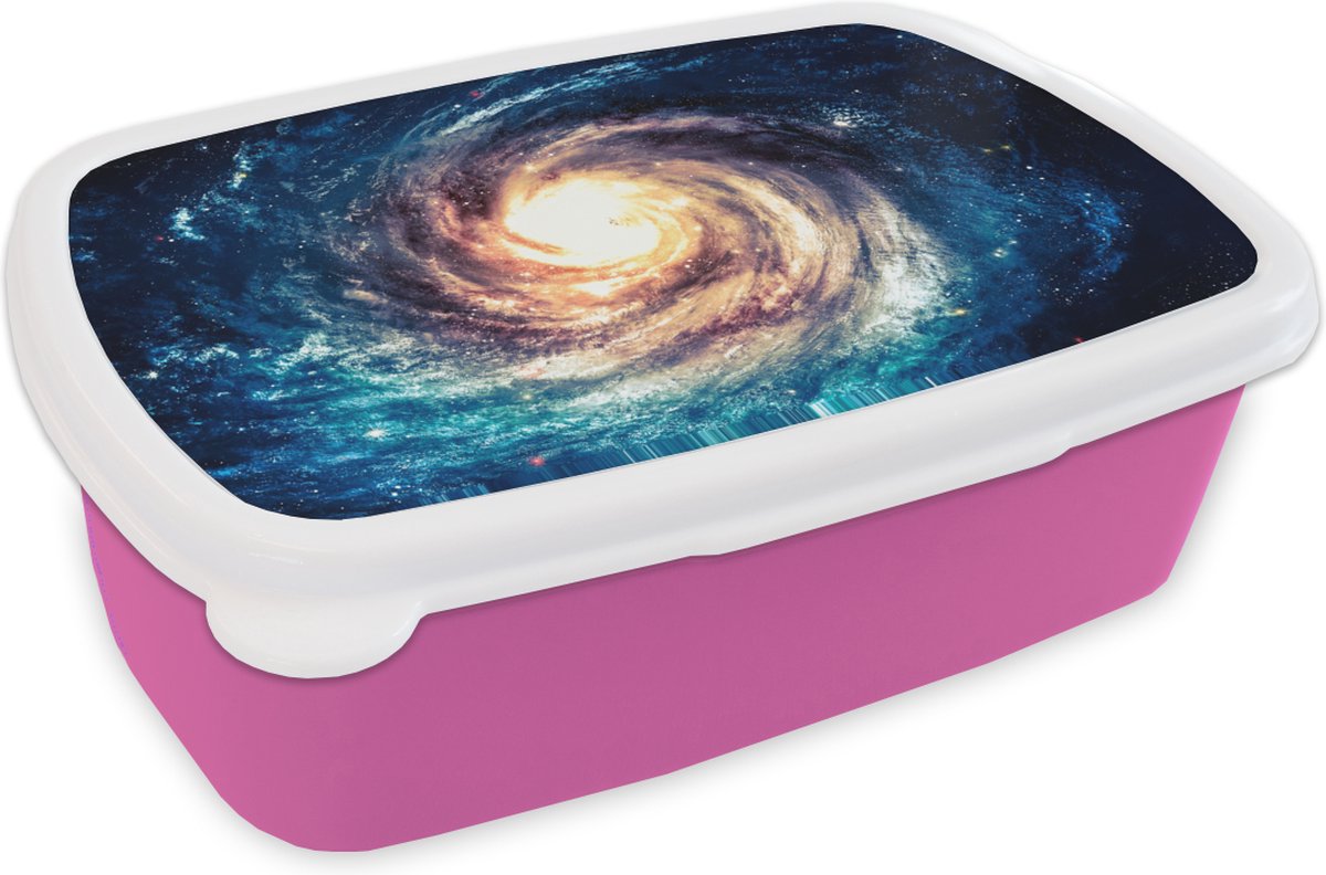 Broodtrommel Roze - Lunchbox - Brooddoos - Ruimte - Sterren - Blauw - 18x12x6 cm - Kinderen - Meisje