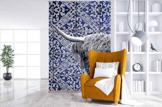 Papier peint - Papier peint photo Bleu de Delft - Highlander écossais - Zwart - Wit - Largeur 180 cm x hauteur 280 cm