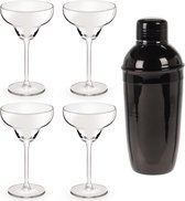 4x Cocktailglazen / Margarita glazen transparant 300 ml + Cocktailshaker zwart 500 ml RVS - Cocktails maken - Mix/shake bekers