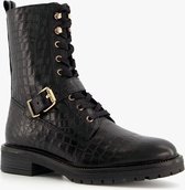 TwoDay leren dames croco veterboots - Zwart - Maat 37 - Echt leer