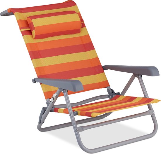 Relaxdays strandstoel opvouwbaar - verstelbaar - laag - met nekkussen - armleuningen - flesopener - geel-rood-oranje van Relaxdays — afbeelding 3