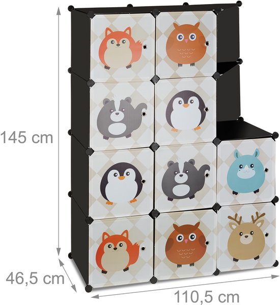 kinderkamer kast met diermotieven - kunststof - steeksysteem - deuren - kledingkast - roede - kleurrijk